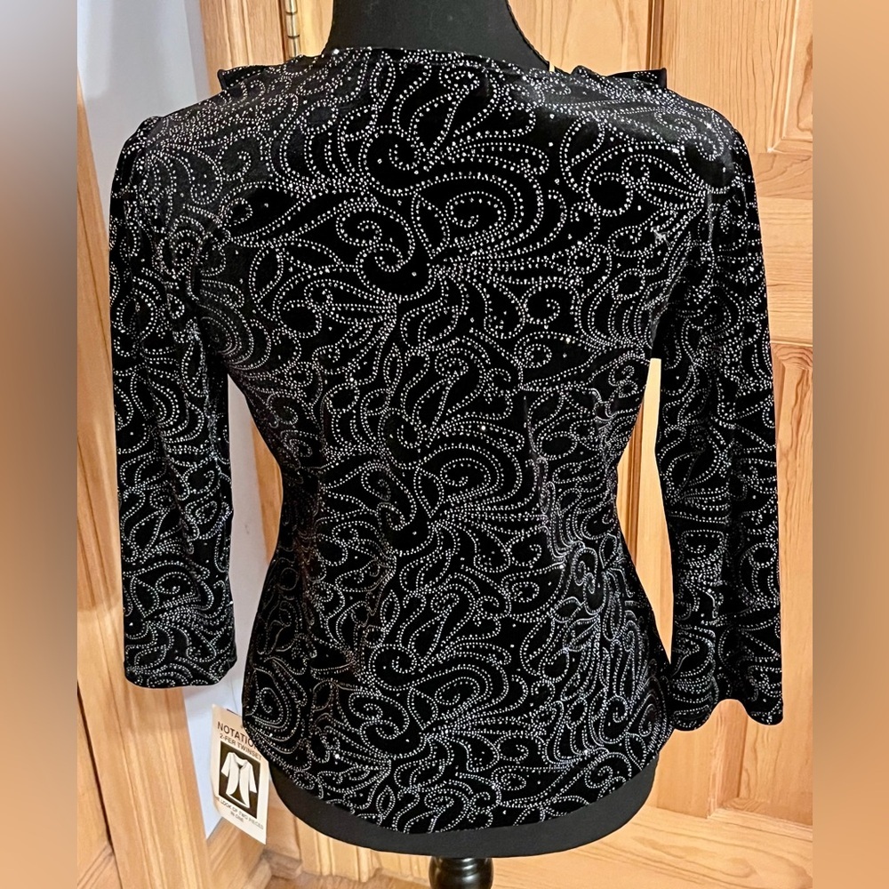 Notations NWT Black Silver Glitter Velvet Ruffle Cardigan Twofer Top Petite PM - Picture 9 of 17